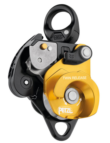Poulie-bloqueur double RàB à flasque ouvrante avec émerillon, débrayable pour systèmes de mouflage - TWIN RELEASE - PETZL®