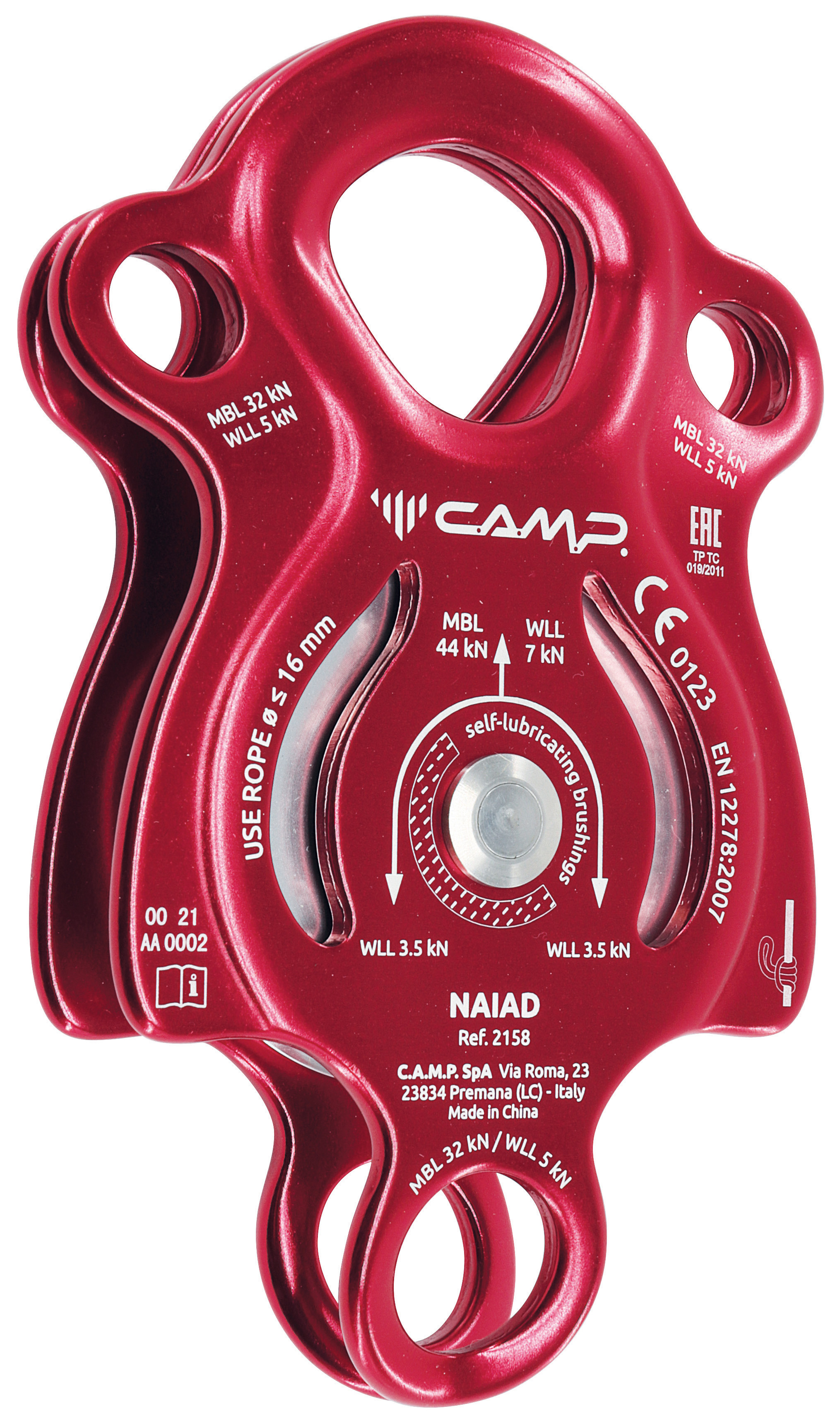 Poulie simple &agrave; flasques mobiles Prusik avec trois trous de connexion et un point d&rsquo;attache suppl&eacute;mentaire - NAIAD - CAMP&reg;